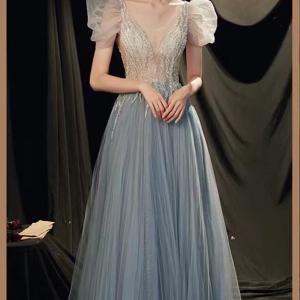 V-neck evening dress, elegant prom dress, bubble sleeve beaded party dress,Custom made