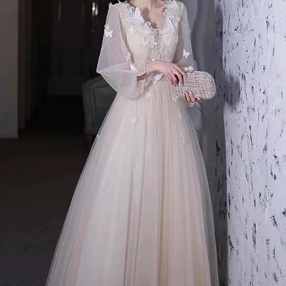 V-neck Evening Dress, Champagne Prom Dress, Long Sleeves Party Gown ...