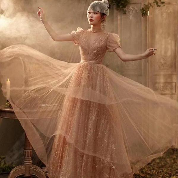 High neck evening dress, fairy dress,champagne prom dress ,custom made