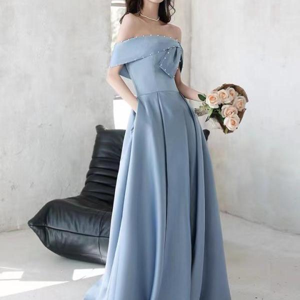 Off shoulder evening dress, temperament socialite dress, blue satin slit dress,custom made