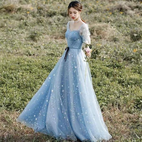 Light blue evening dress, luxury high sense elegant dress,fairy birthday dress,custom made