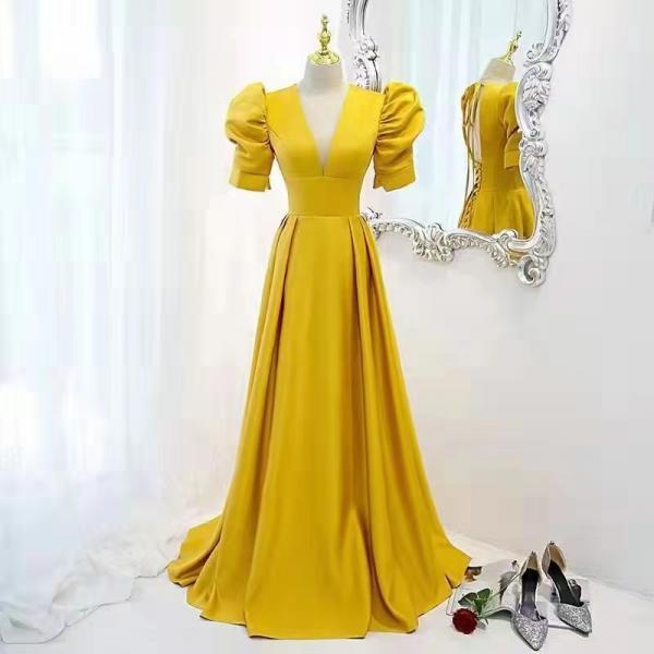 V-neck prom dress, elegant evening dress, satin party dress,custom made