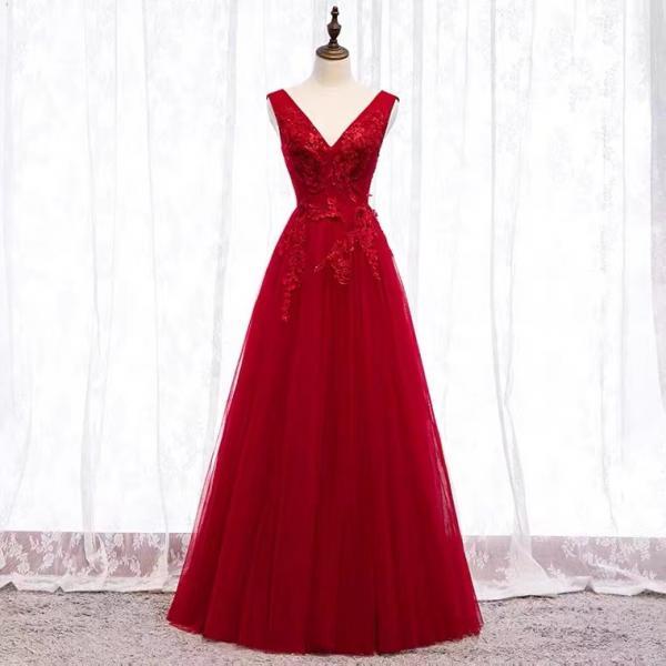 Red pary dress, v-neck evening dress,charming prom dress,custom made