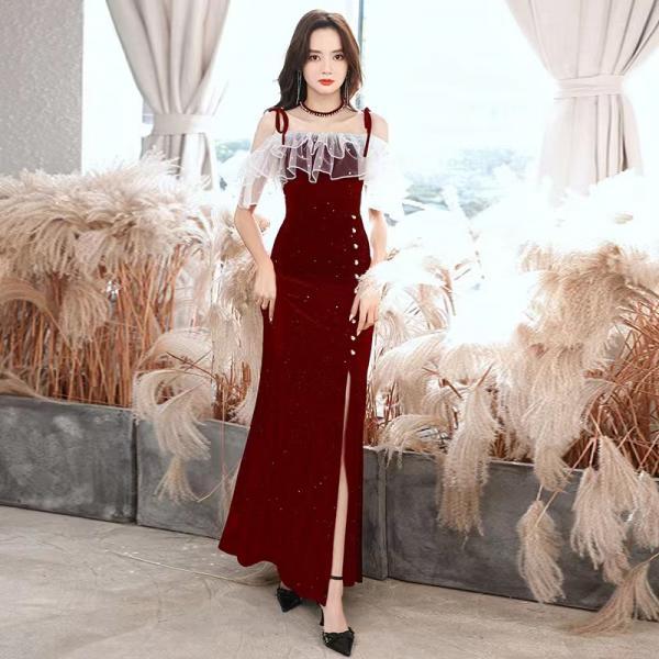 Red party dress,spaghetti strap prom dress,cute slit dress,custom made