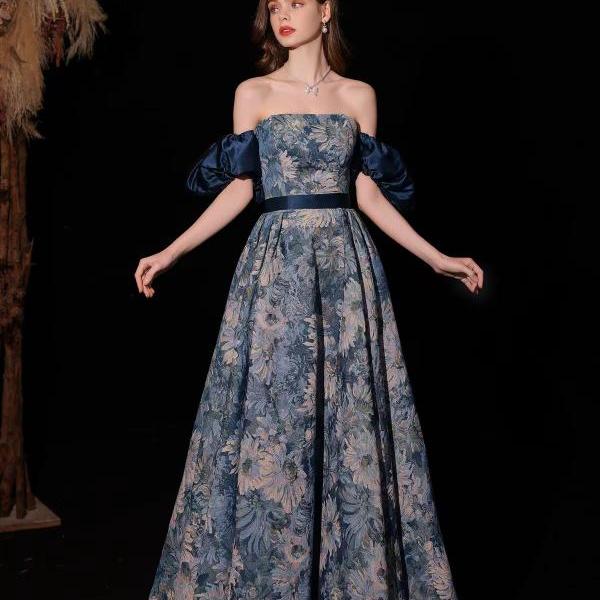 Texture princess court dress, oil painting style blue evening dress,custom made