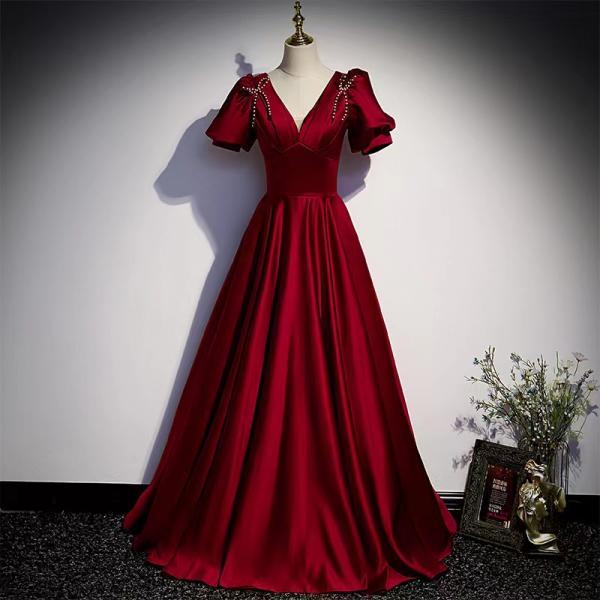 Red evening dress ,v-neck party dress,satin prom dress,custom made
