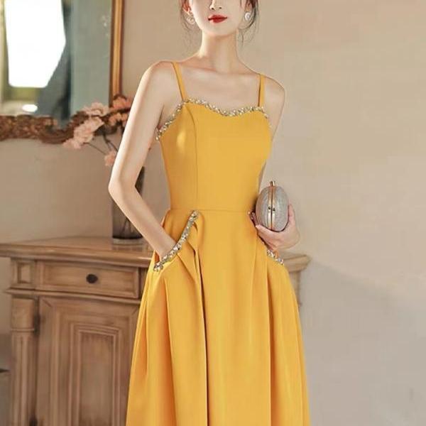 Yellow party dress,spaghetti strap homecoming dress,bright midi dress,custom made