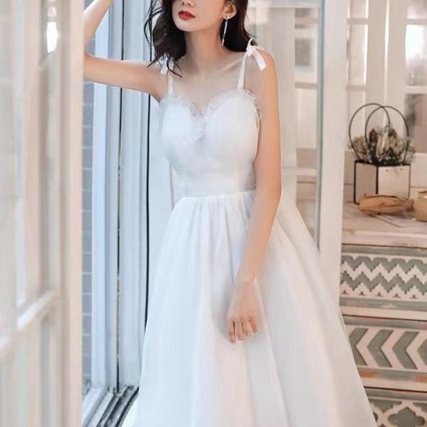 White party dress,spaghetti strap homecoming dress,fairy midi dress,custom made