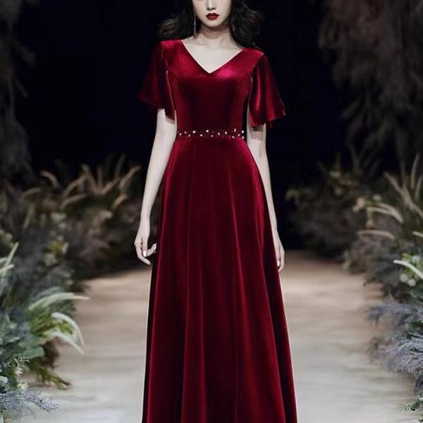 V-neck prom dress,red party dress,elegant evening dress, velvet formal dress,Custom Made