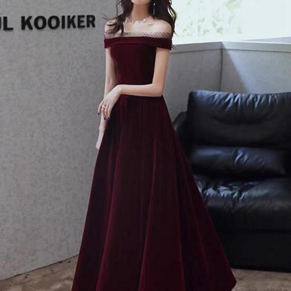 Red prom dress,off shoulder party dress,sexy velvet evening dress,Custom made