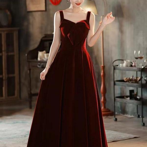 Spaghetti strap evening dress, cute party dress,red velvet prom dress,custom made
