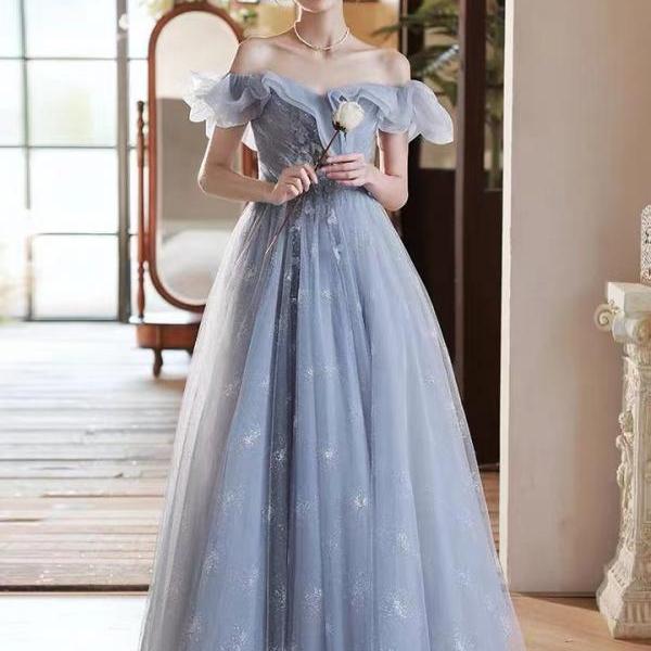 Off shoulder evening dress,fairy party dress,blue prom dress,custom made
