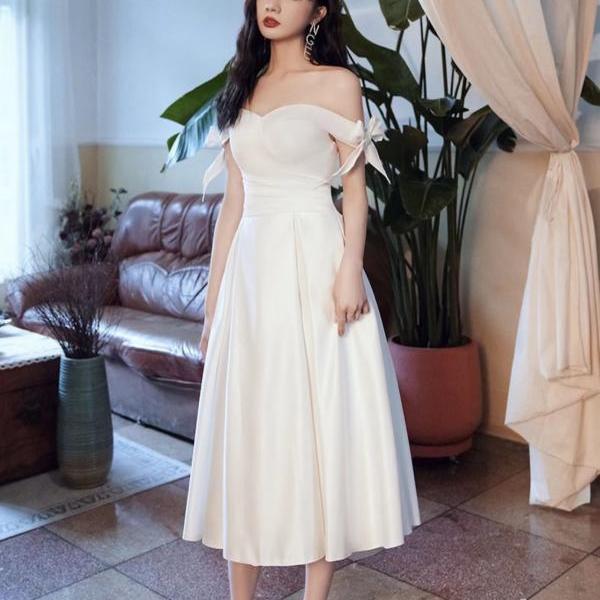 White evening dress,cute party dress,satin homecoming dress,simple midi dress,custom made