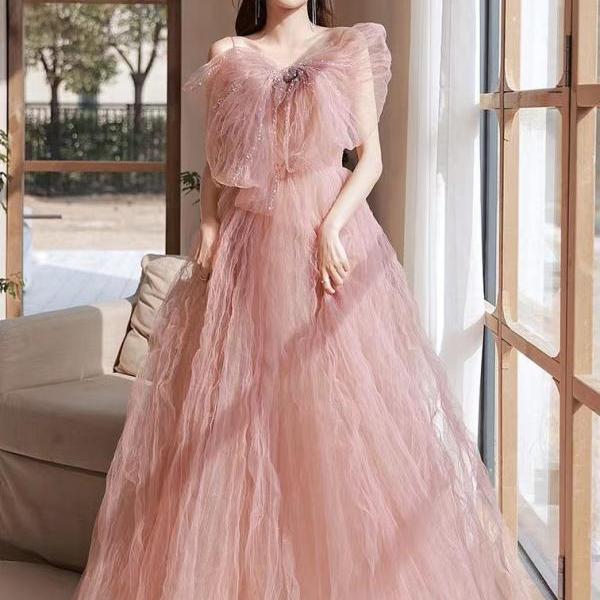 Pink fairy prom dresses, halter party dresses, pleated new evening dresses,custom made
