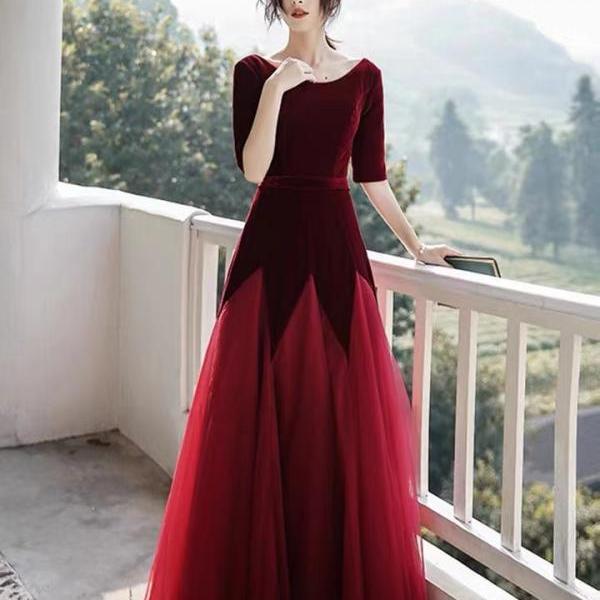 Long sleeve prom dress, red evening dress,velvet party dress,red fomal dress,Custom Made