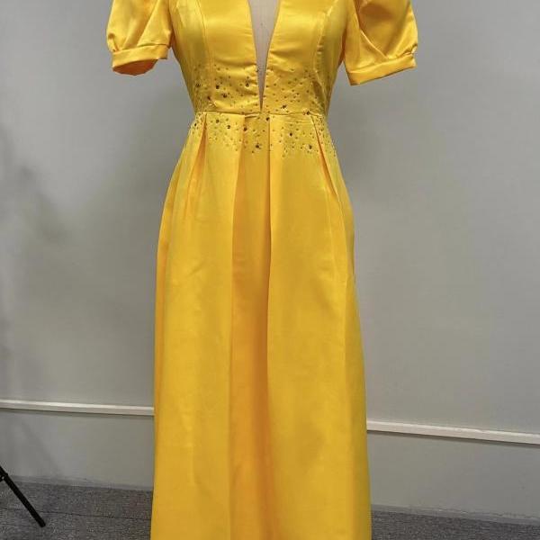 Yellow prom dresses,v-neck evening dresses, satin prom dresses,custom made