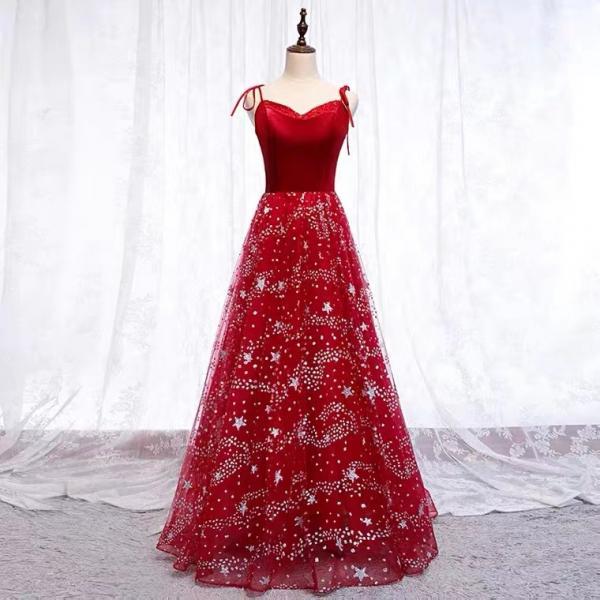 Red evening dress, birthday party dress, spaghetti strap prom dress,Custom made