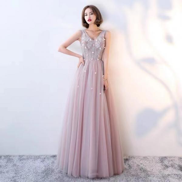 Fairy party dress,pink prom dress,chic birthday dress with applique,v-neck evening dress,custom made