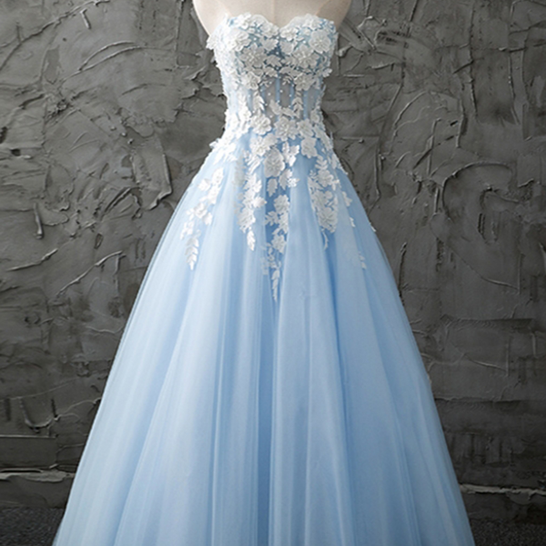 Strapless party dress ,tulle evening dress,lace applique prom dress,light blue bridal dress,custom made