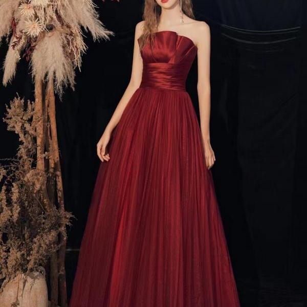 Red party dress,strapless evening dress,tulle prom dress,custom made