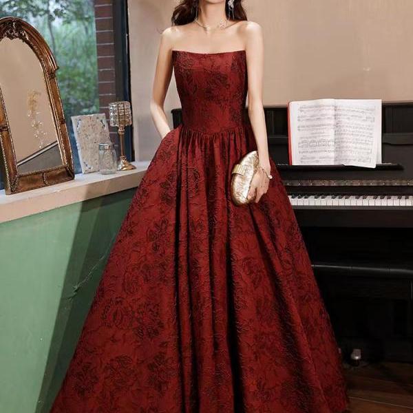 Sexy strapless gown, red evening gown, fancy jacquard party dress,custom made