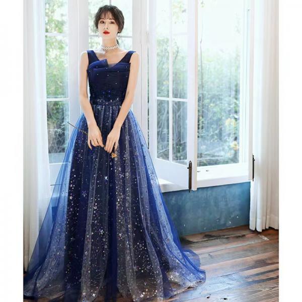 Navy blue evening dress, dream prom dress, v-neck party dress,custom made