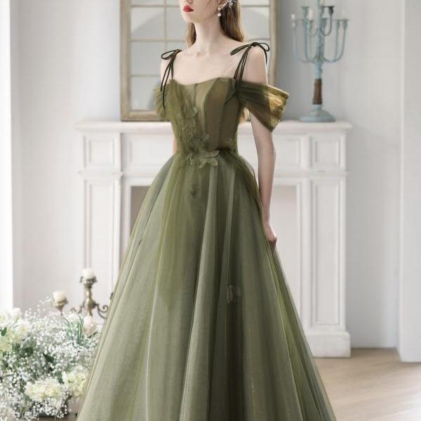 Spaghetti strap evening dress ,fairy prom dress,olive green party dress,custom made