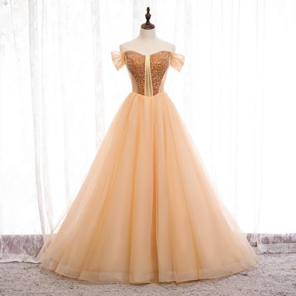 Off shoulder evening dress ,champagne prom dress,fairy party dress,luxury wedding dress,custom made