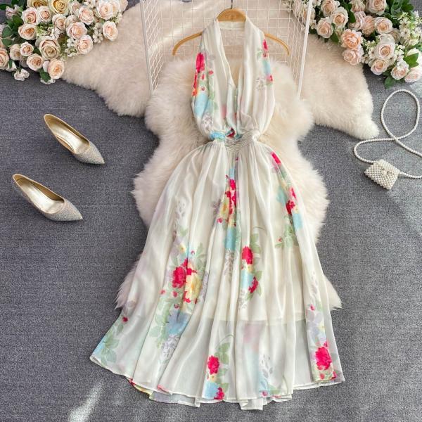 Halter neck dress,printed dress ,sexy floral dress,backless dress