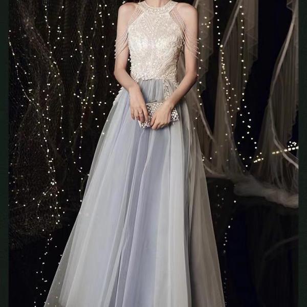 Halter neck evening dress,light blue prom dress,sexy party dress,luxury party dress,custom made