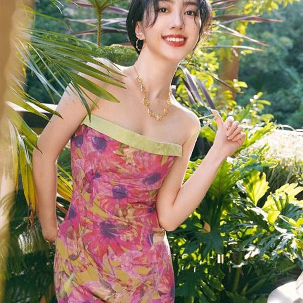 Unique,spaghetti strap dress ,pretty bodycon dress,floral oil painting dress