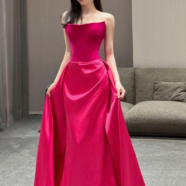 Strapless prom dress,satin evening dress,rose red party dress,sexy bridal prom gown,custom made