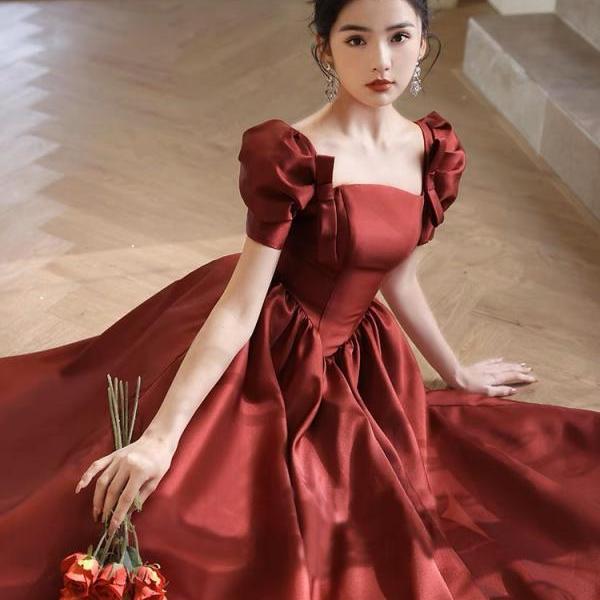Burgundy evening dress, chic party dress, off-shoulder prom dress,cute princess dress,custom made