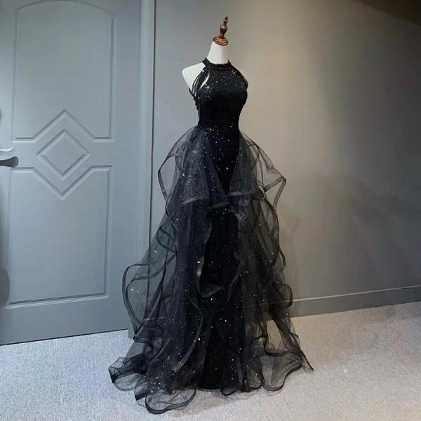 Black dress, light luxury party dress, sequined prom dress, halter neck evening dress,custom made