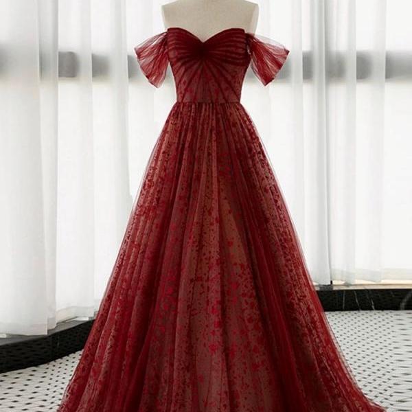 Red dress, off-the-shoulder prom gown, tulle evening gown with floral,custom made