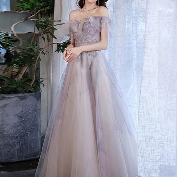 Off-shoulder prom dress, gray Purple fairy party dress