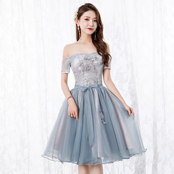 Sweet tutu dress, off-shoulder appliqué evening dress, cute homecoming dress