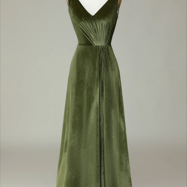 Olive Green Prom Dress,v-neck Sleeveless Olive Velvet Bridesmaid Dress