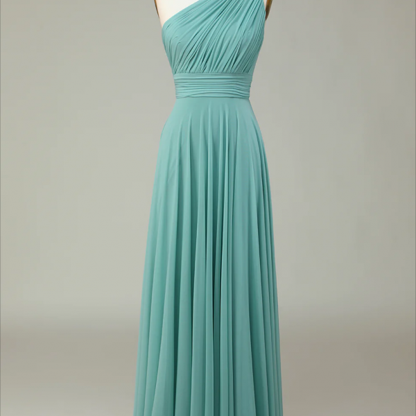 Chffion Prom Dresses, A-line One Shoulder Sea Glass Long Bridesmaid Dress