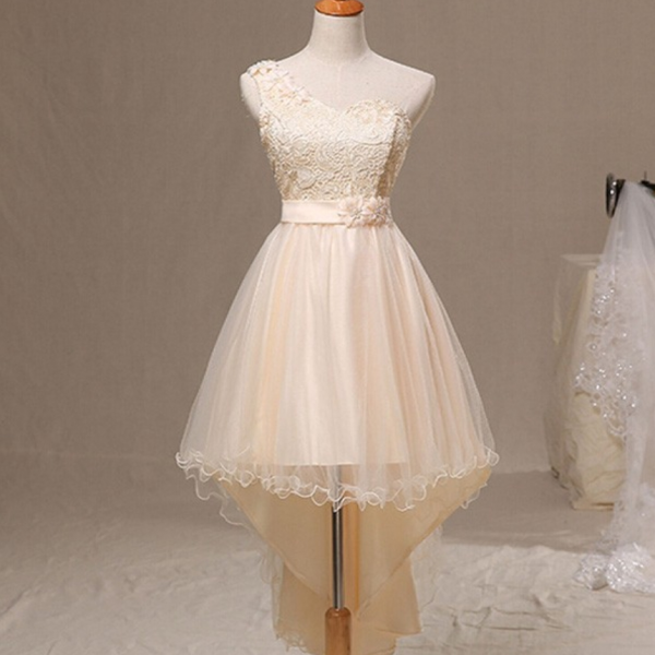 Sweet Homecoming Dresses,one Shoulder Light Champagne Lace Prom Dress Cute Party Dress