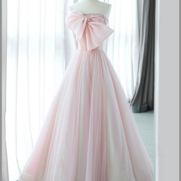 Pink Organza Long Prom Dress Formal Dress,Strapless Sweet Party Dress
