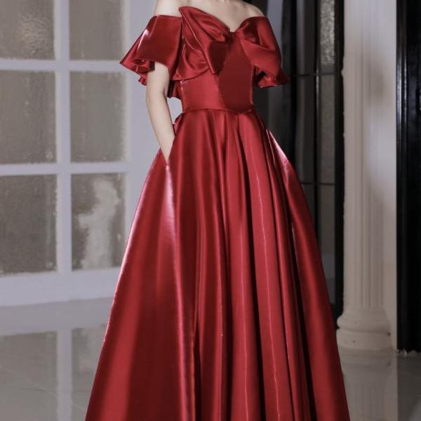 Off Shoulder Evening Dress Satin Red Charming Prom Dress Party Dress