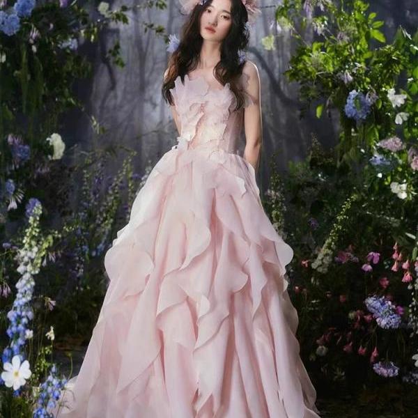 Luxury Sweet Flower Long Prom Dress,Pink Party Dress