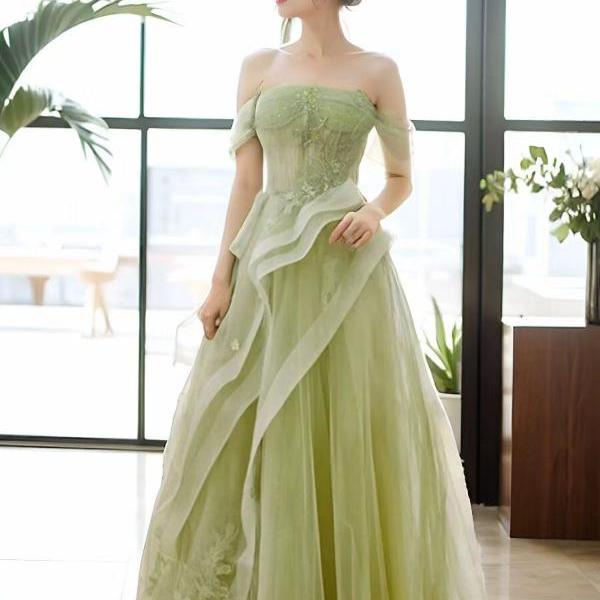 Fairy Green Off Shoulder Tulle Floor Length Prom Dress,Fresh Party Dresses With Applique