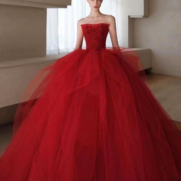 Chic Sweetheart Neck Satin Long Prom Dress,Strapless Red Evening Dress Formal Dress