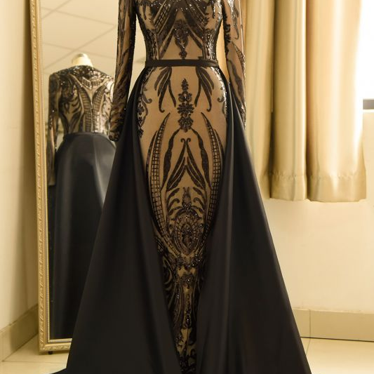 Black Prom Dresses With Detachable Skirt Satin Sequin Applique Vintage Elegant Prom Gown Long sleeve formal dress