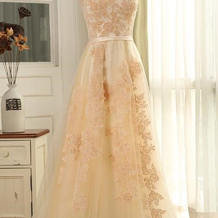 Modern Champagne Cap Sleeves Sweep Train prom Dress With Appliques