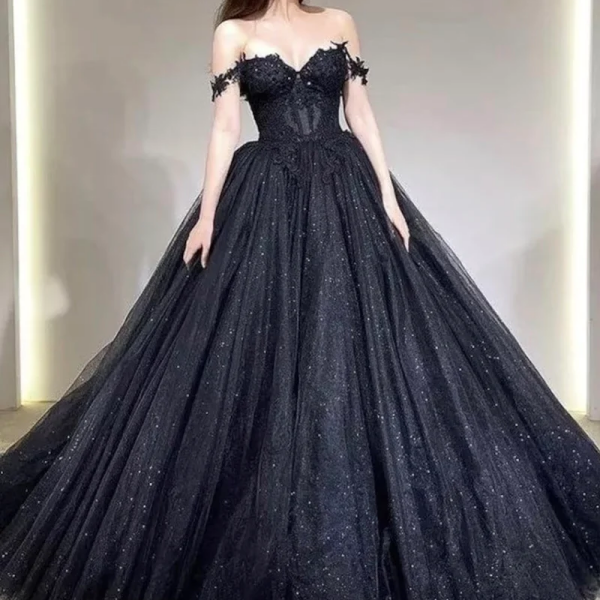 Black Off The Shoulder Tulle Lace Princess Dress, Shiny Tulle Floor Length Evening Party Dress