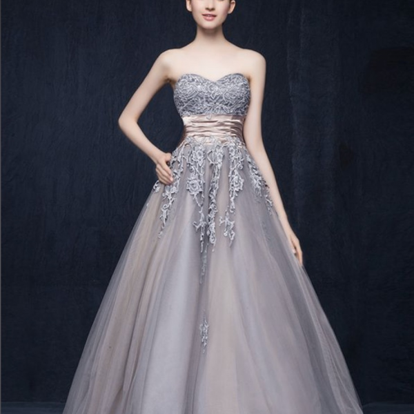 Strapless gray party dress ,lace prom dress