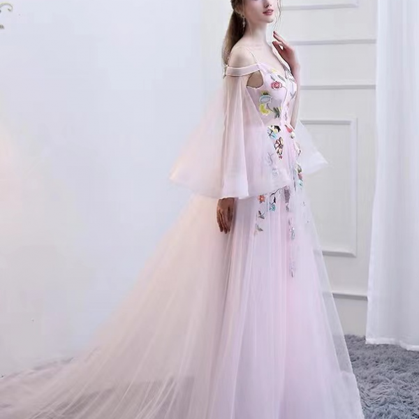 Off shoulder pink party dress ,princess prom dress ,modern embroidered graduation dress